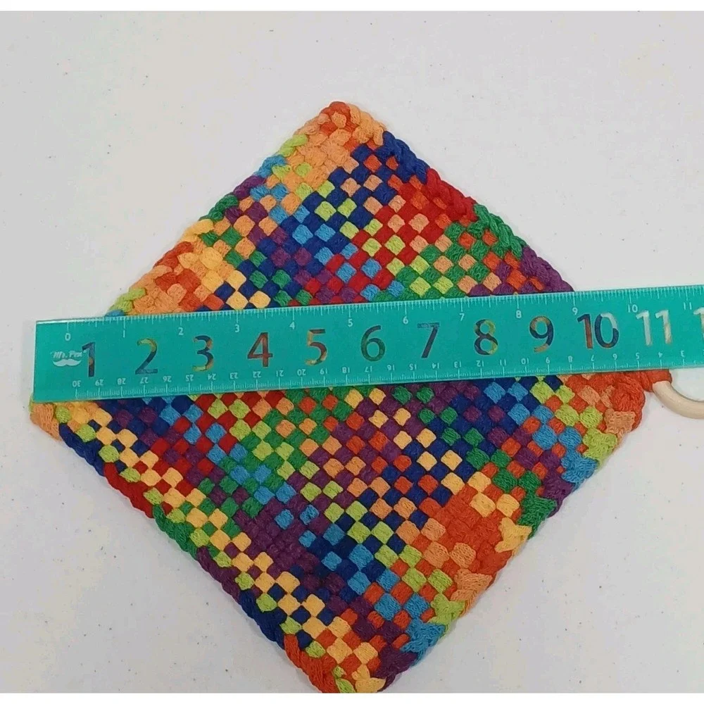 Handmade  Loop Loom Woven Pot‎ Holder Trivet Bright Multicolored Set Cottagecore